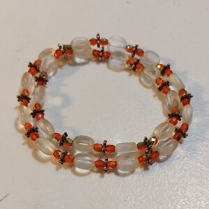 Vintage Clear Frosted Glass And Red Orange Faceted Beads Double Wrap Bracelet